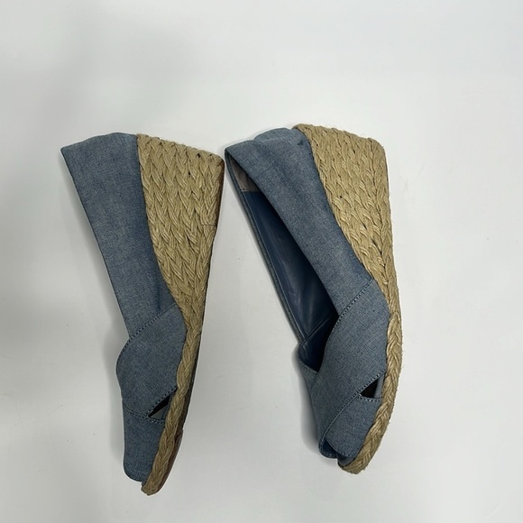Lauren Ralph Lauren Canvas Chambray Blue Espadrilles Peep Toe Cecilia Wedges 9 - Picture 7 of 10